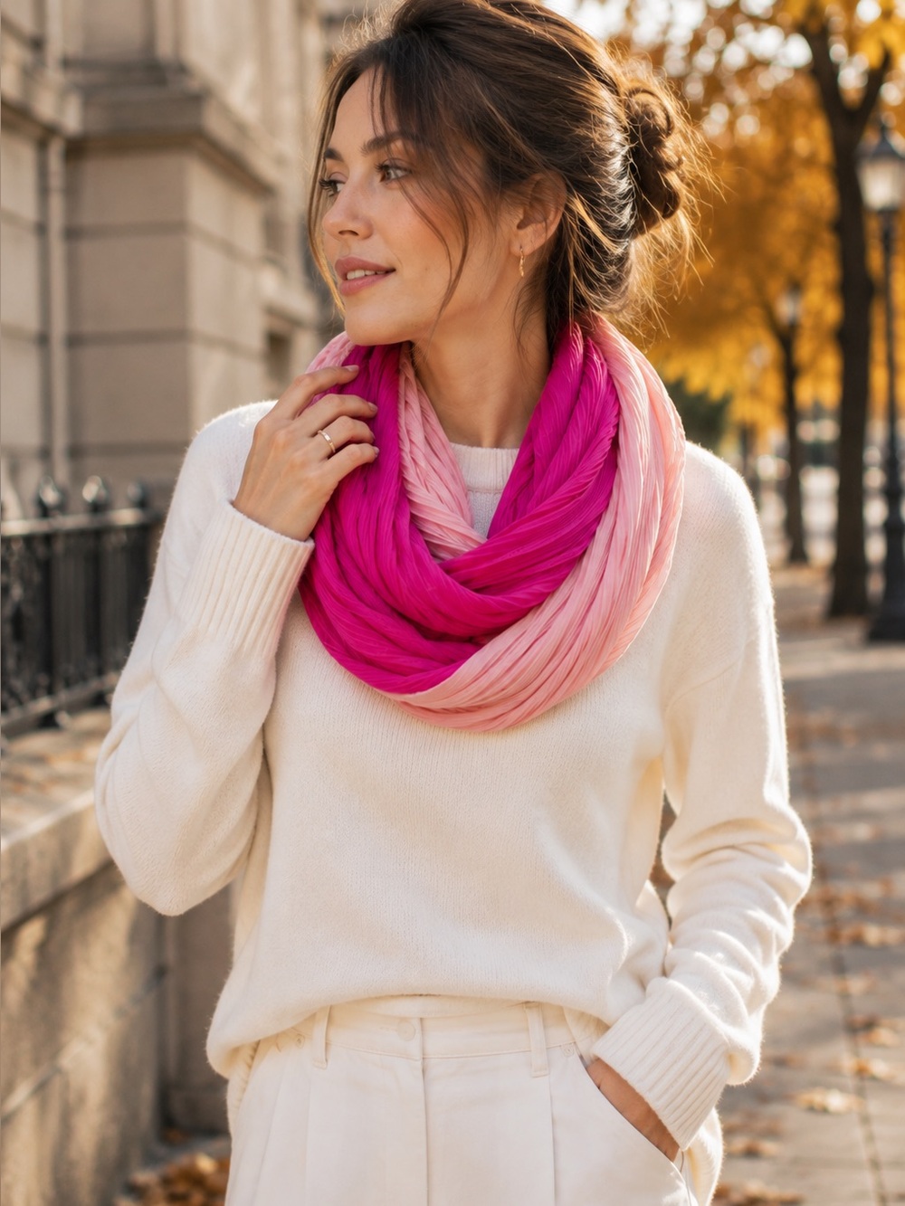 Issey Miyake Two-Tone Pleated Infinity Scarf in Hot Pink and Light Pink